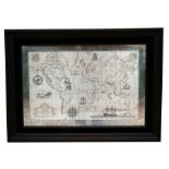 A Royal Geographical Society silver map of the world, framed & glazed, 56 by 38cms (22 by 15ins).