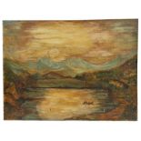 Victorian school - Figures in a Boat in a Mountainous Landscape - oil on canvas, unframed, 61 by