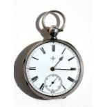 A Victorian silver open faced pocket watch, the white enamel dial with Roman numerals and subsidiary