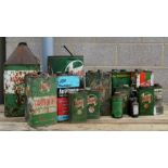A collection of Castrol oil cans and other cans and bottles.