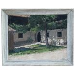 John McLellan (20th century school) - Courtyard Scene - signed lower right, oil on board, framed, 37