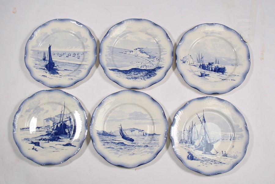 A set of six Sarreguemines blue & white marine scene plates, 26cms (10.25ins) diameter.