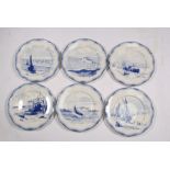 A set of six Sarreguemines blue & white marine scene plates, 26cms (10.25ins) diameter.