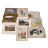 A group of nine various early 20th century watercolour paintings to include Fletcher Mercer and
