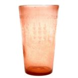 A large pink bubble glass vase with etched three-masted galleon, 27cms (10.5ins) high.