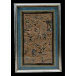 A Chinese silk embroidered panel decorated with figures, bats and flowers, framed & glazed, 24 by