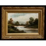 J Bool - River Waterfall Scene - signed lower right, oil on board, framed, 60 by 40cms (23.5 by 15.