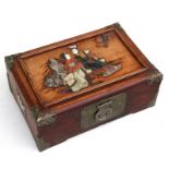 A Chinese brass mounted wooden jewellery box, the top with inset hardstone depicting two robed