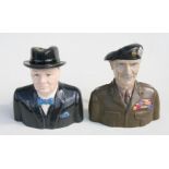 Two figural water jugs modelled as Winston Churchill and Field Marshal Montgomery, 15cms high (2).