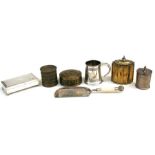 An Elkington silver plated tankard; together with a group of silver plated and brass tea caddies;