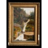 Early 20th century school - Figures on a Bridge - oil on board, framed & glazed, 17 by 28cms (6.75