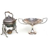 A silver plated spirit kettle on stand; together with a silver plated two-handled tazza.