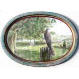 Modern British - Study of a Hawk Perched on a Tree Stump with a Couple in the Background -