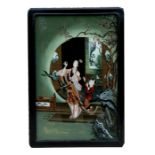 A Japanese reverse painted painting depicting a robed woman and child, framed & glazed, 30 by