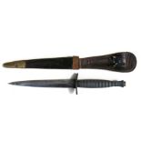 A British Fairbairn Sykes style Third Pattern Commando fighting knife & scabbard, 29cms (11.5ins)