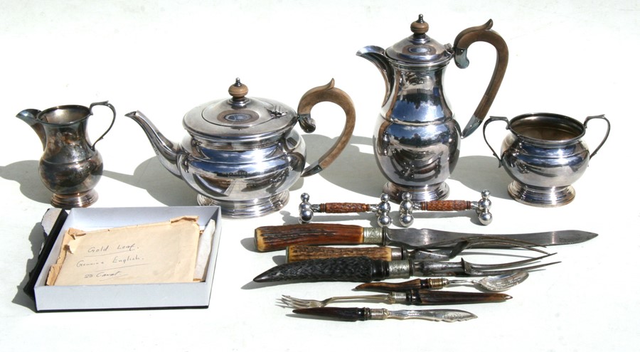 A Garrard & Co. four-piece silver plated teaset; together a quantity of antler handled cutlery and