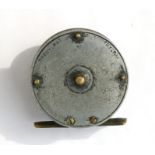 An early 20th century brass & aluminium fly fishing wheel, stamped 'Hardy Pat', 12.5cms (2.25ins)