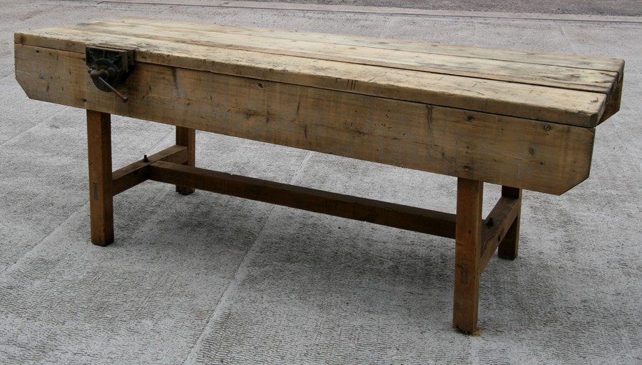 A large pine carpenter's workbench with Record No. 52 wood vice attached, 229cms (90ins) long. - Image 2 of 2