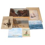 A folio containing unframed maritime interest watercolour paintings, the largest 62 by 35cms (24.5