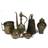 A group of Persian or Islamic items to include a camel bell, kashkul bowl & ewer (6).