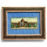 Indian school - a miniature painting depicting a palace, glazed and framed in a Sadeli micromosaic