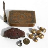 A WW1 Princess Mary tin together with contents including Royal Irish Rifles buttons, trench art,