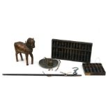 A Chinese balance scale; together with two abacus and a metal mounted wooden horse.