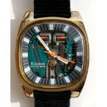 A 1970's Bulova Accutron Space View gentleman's wrist watch with original lizard skin strap.