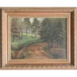 L Woodburn - Woodland Lane Scene - signed lower right, oil on canvas, framed, 354 by 25cms (13.5