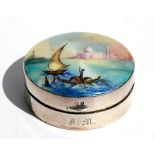 A silver and enamel box, Birmingham 1927, the top decorated with a Venetian scene, 5cms (2ins)