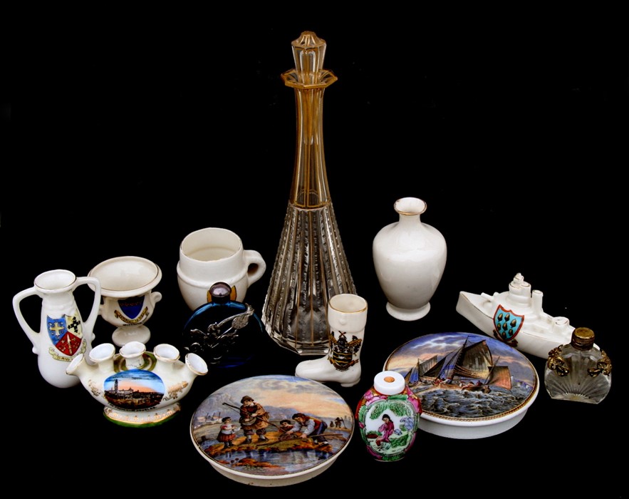 A group of crested ware items; together with two Victorian Pratt ware pot lids; and other items.