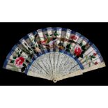 A 19th century Chinese Canton Export ivory and painted paper fan, the guards carved with figures