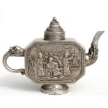 A Chinese white metal teapot decorated in relief with figures, four character mark to underside,