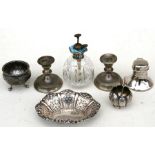 A pair of silver dwarf candlesticks; together with a cut glass enamel mounted perfume atomiser;