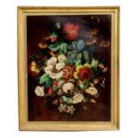 Victorian school - Still Life of Flowers - oil on leather, framed, 40 by 51cms (15.75 by 20ins).