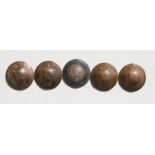 A set of five WW1 trench art Army helmets made from British pennies, one for each year of the