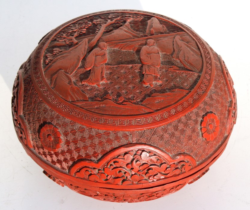 A Chinese cinnabar lacquer box & cover of compressed globular form, decorated with flowers and - Image 2 of 25