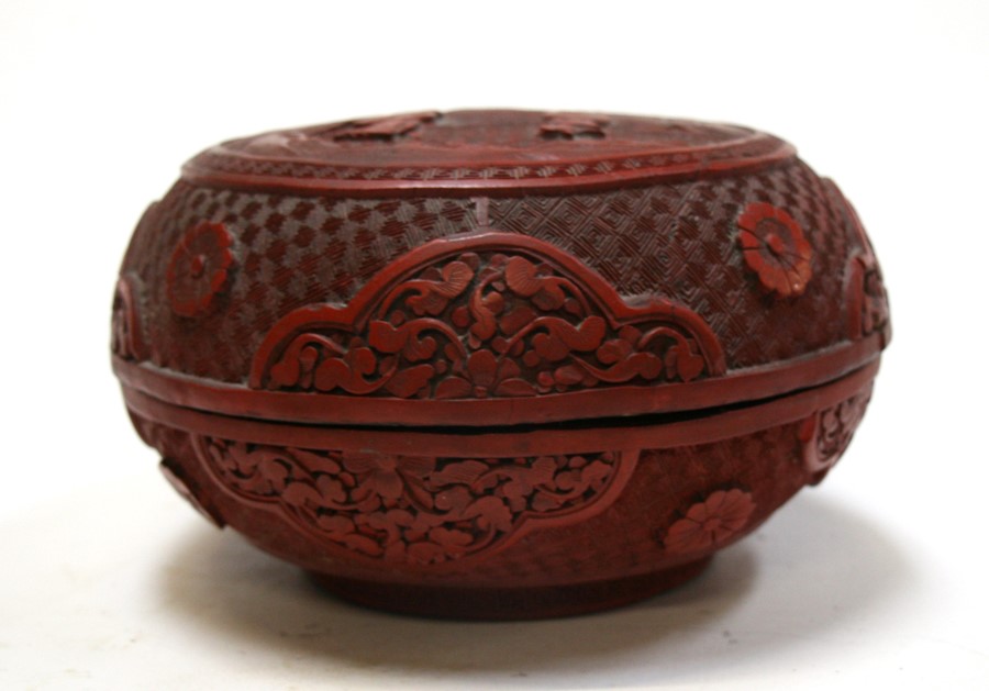 A Chinese cinnabar lacquer box & cover of compressed globular form, decorated with flowers and - Image 17 of 25