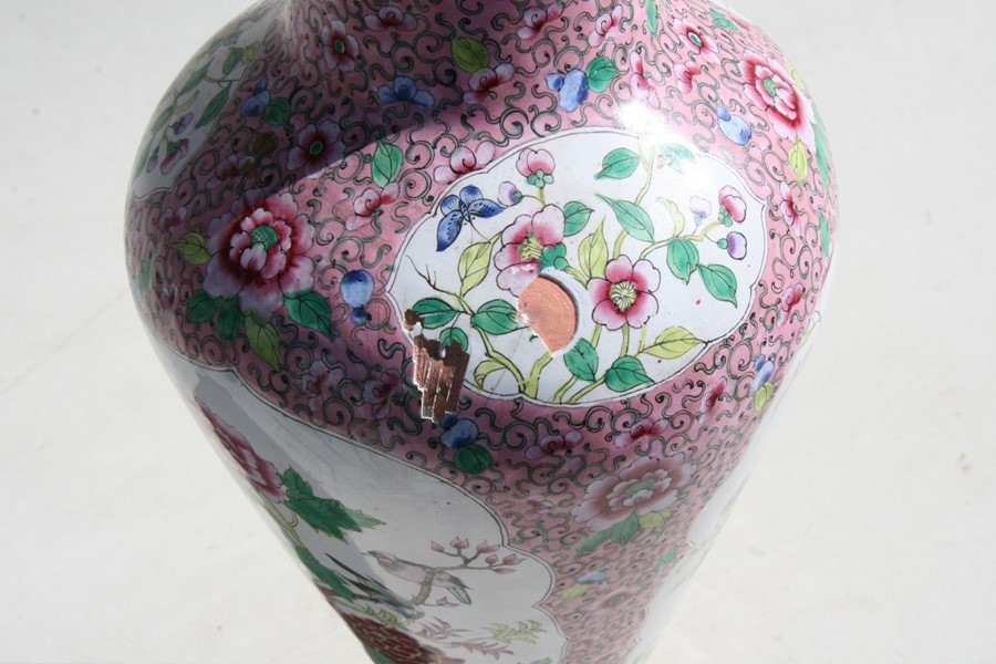 A Chinese Canton enamel vase decorated with birds and flowers on a pink ground, 39cms (15.25ins) - Image 7 of 8