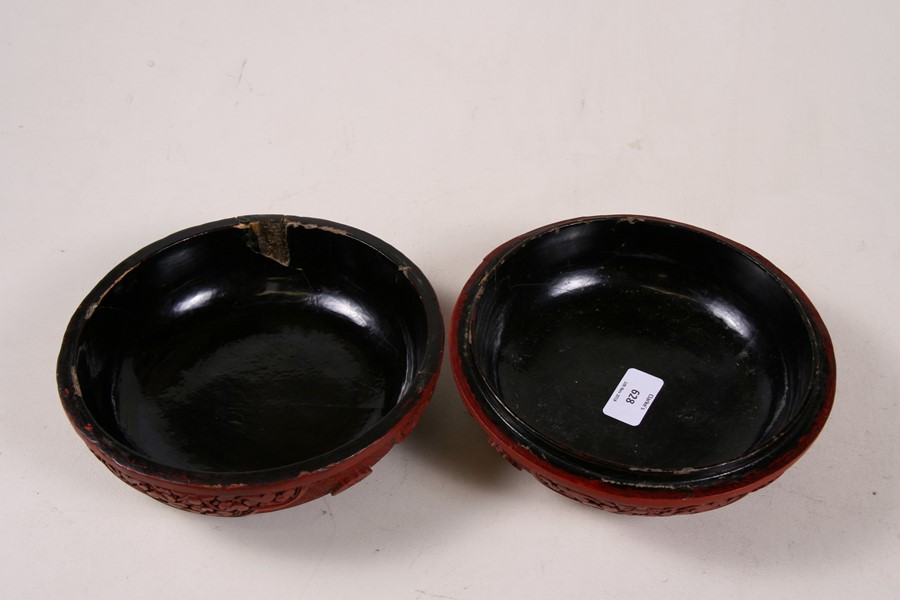 A Chinese cinnabar lacquer box & cover of compressed globular form, decorated with flowers and - Image 8 of 25