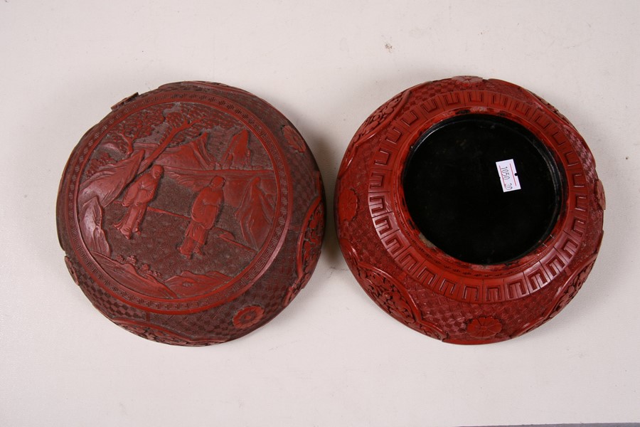 A Chinese cinnabar lacquer box & cover of compressed globular form, decorated with flowers and - Image 9 of 25