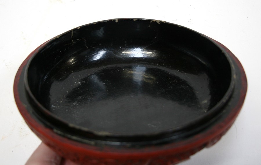 A Chinese cinnabar lacquer box & cover of compressed globular form, decorated with flowers and - Image 14 of 25