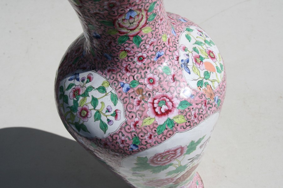 A Chinese Canton enamel vase decorated with birds and flowers on a pink ground, 39cms (15.25ins) - Image 8 of 8