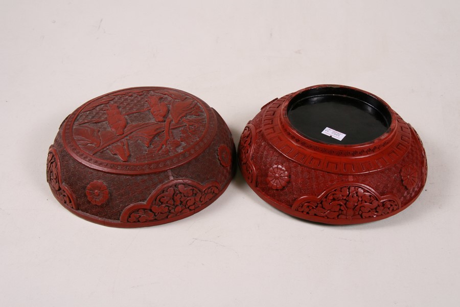 A Chinese cinnabar lacquer box & cover of compressed globular form, decorated with flowers and - Image 3 of 25