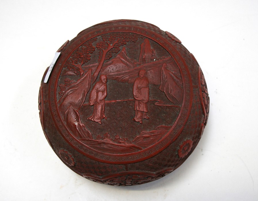 A Chinese cinnabar lacquer box & cover of compressed globular form, decorated with flowers and - Image 19 of 25