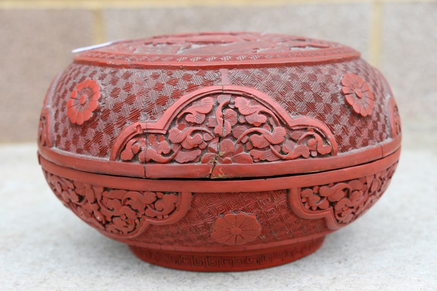 A Chinese cinnabar lacquer box & cover of compressed globular form, decorated with flowers and - Image 25 of 25