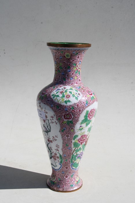A Chinese Canton enamel vase decorated with birds and flowers on a pink ground, 39cms (15.25ins) - Image 4 of 8