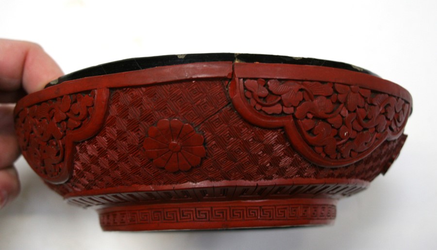 A Chinese cinnabar lacquer box & cover of compressed globular form, decorated with flowers and - Image 15 of 25