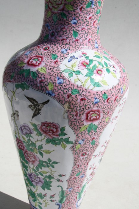 A Chinese Canton enamel vase decorated with birds and flowers on a pink ground, 39cms (15.25ins) - Image 2 of 8