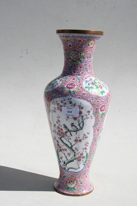A Chinese Canton enamel vase decorated with birds and flowers on a pink ground, 39cms (15.25ins) - Image 3 of 8